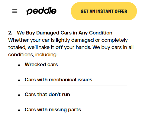 Peddle.com sell car with mechanical problems answer Peddle website stating they buy damaged cars in any condition including cars with mechanical issues, cars that don't run, and cars with missing parts