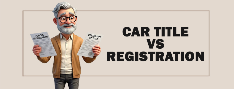 Cartoon man holding a vehicle registration in one hand and a certificate of title in the other