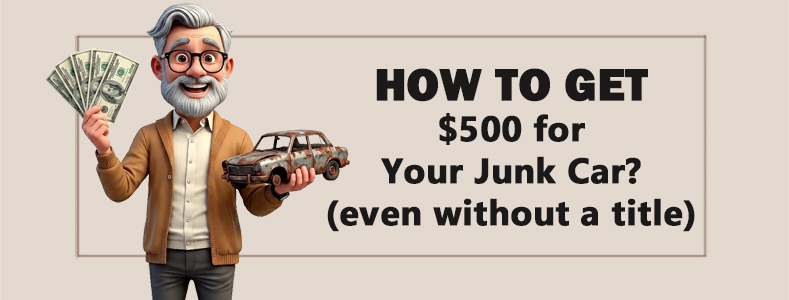 Cartoon man holding a fan of hundred-dollar bills and a rusty junk car