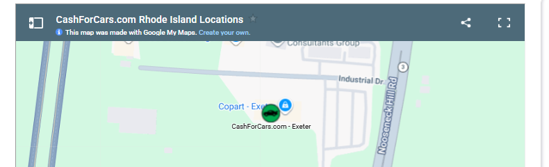 sell a junk car in rhode island cashforcars CashForCars.com Rhode Island locations map, showing its one yard on Industrial Drive in Exeter beside the Copart site