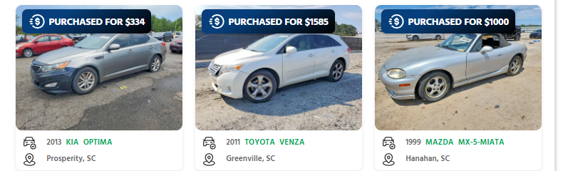 sell a junk car in south carolina cashforcars CashForCars recent purchases in South Carolina: a 2013 Kia Optima in Prosperity, a 2011 Toyota Venza in Greenville and a 1999 Mazda MX-5 Miata in Hanahan, with the prices paid
