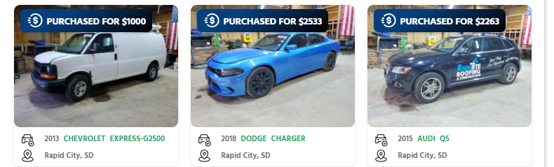 sell a junk car in south dakota cashforcars CashForCars purchases in Rapid City, South Dakota: a 2013 Chevrolet Express 2500 for $1,000, a 2018 Dodge Charger for $2,533 and a 2015 Audi Q5 for $2,263