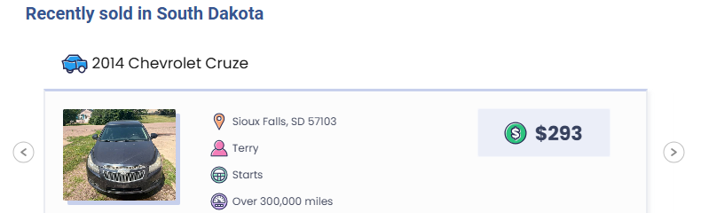 sell a junk car in south dakota wheelzy Wheelzy recently sold in South Dakota: a 2014 Chevrolet Cruze that starts, over 300,000 miles, in Sioux Falls, $293