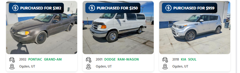 sell a junk car in utah cashforcars CashForCars purchases in Ogden, Utah: a 2002 Pontiac Grand Am for $382, a 2001 Dodge Ram Wagon for $250 and a 2018 Kia Soul for $959