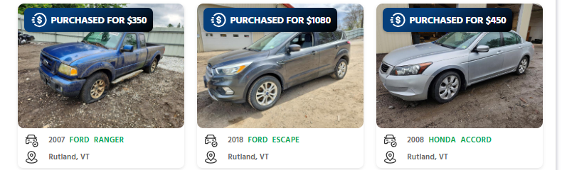 sell a junk car in vermont cashforcars CashForCars purchases in Rutland, Vermont: a 2007 Ford Ranger for $350, a 2018 Ford Escape for $1,080 and a 2008 Honda Accord for $450