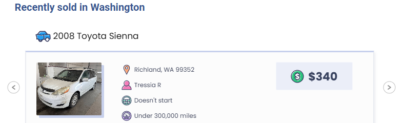 sell a junk car in washington wheelzy Wheelzy's recently sold in Washington tile, a 2008 Toyota Sienna in Richland that does not start