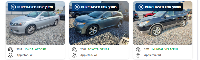 sell a junk car in wisconsin cashforcars CashForCars recent purchases in Appleton, Wisconsin: a 2014 Honda Accord, a 2009 Toyota Venza and a 2011 Hyundai Veracruz with the prices paid
