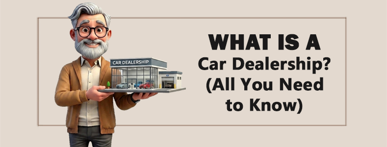 Cartoon man holding a model of a car dealership building